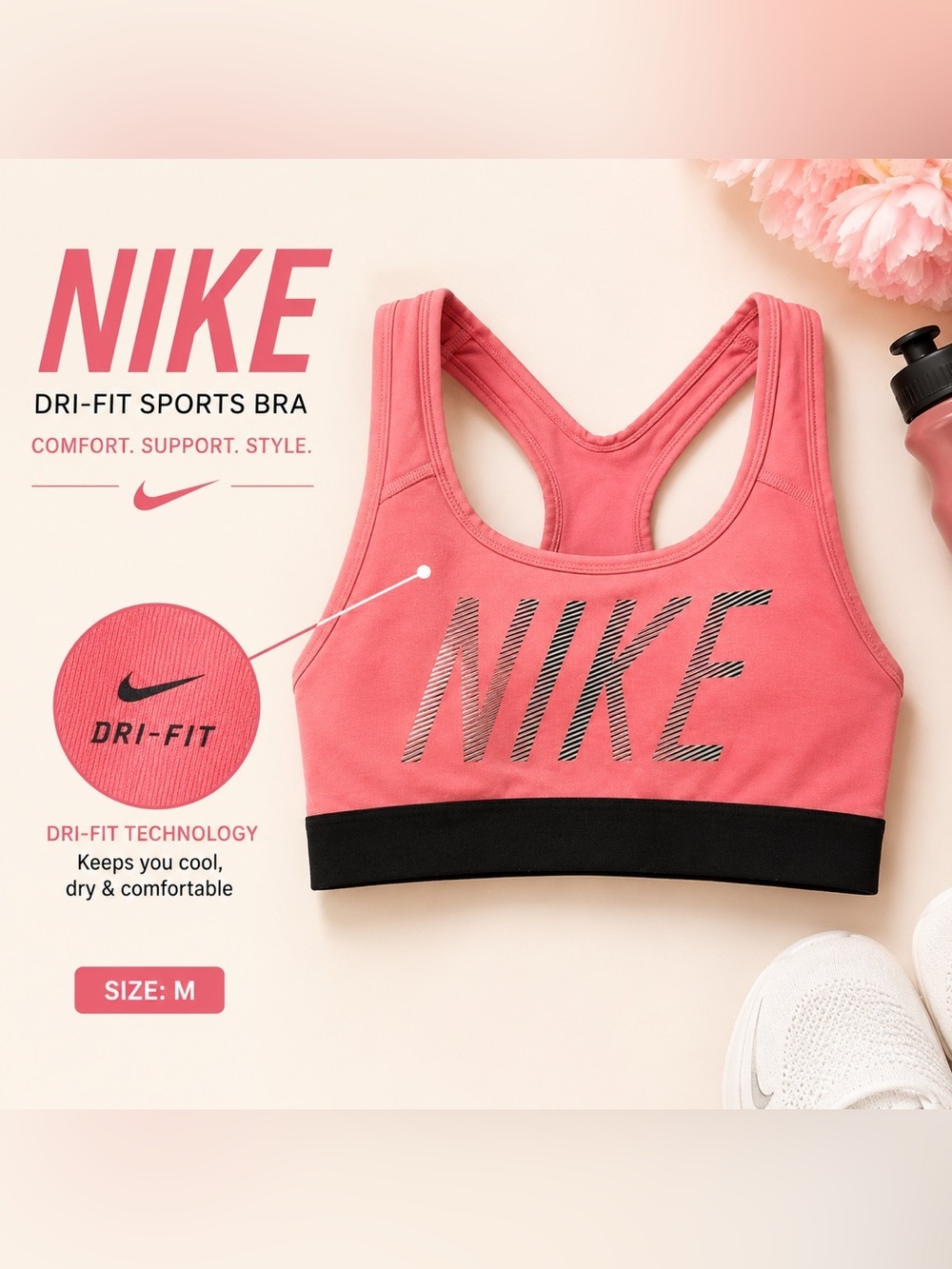 Nike Coral Pink Sports Bra with Black Band small mark on front see pics MEDIUM